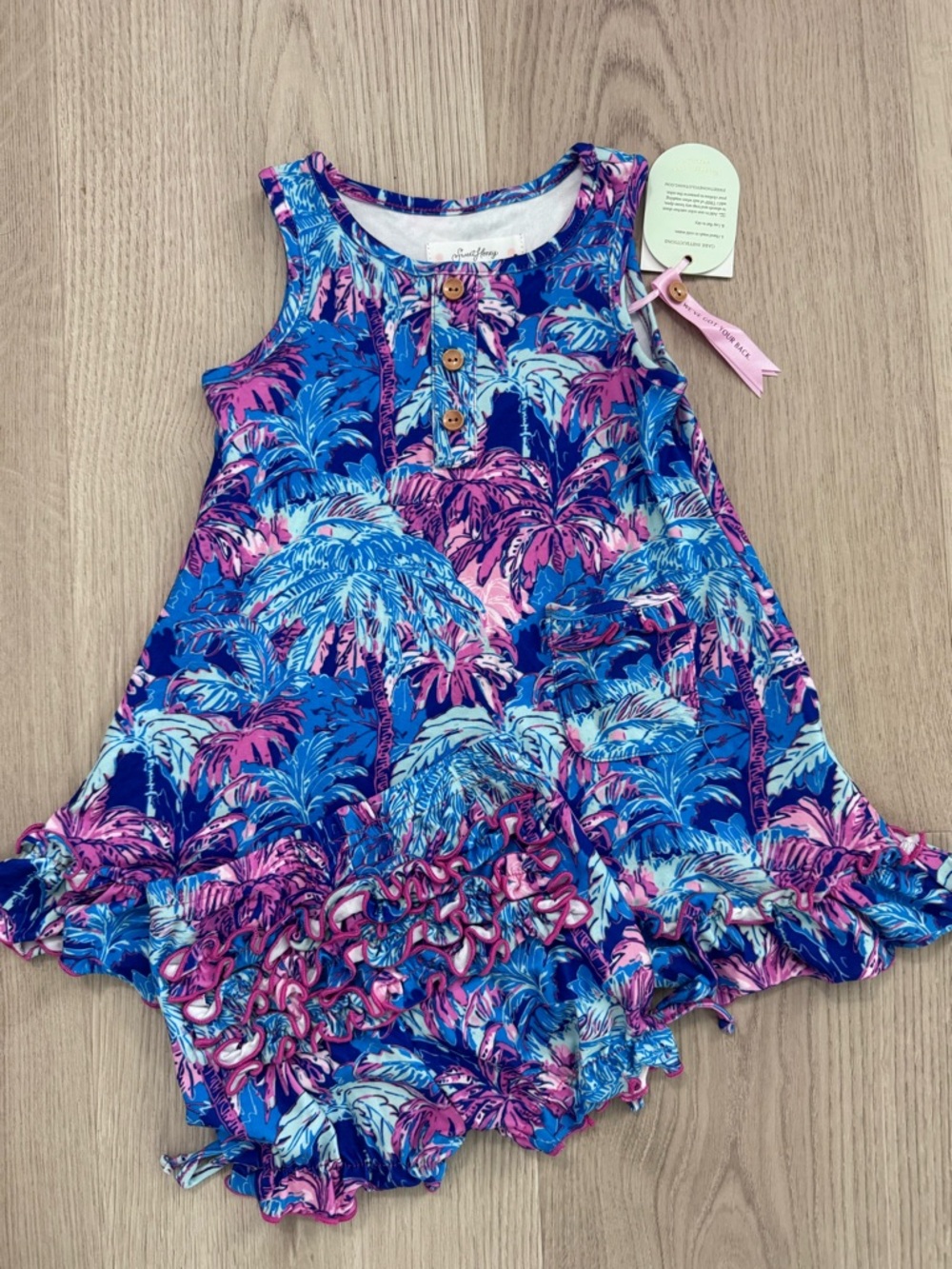 Sweethoney Girls' Blue & Pink Palm-Print Ruffle Dress, matching ruffle bloomers